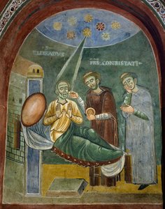 São Eldrad morrendo ao receber a Eucaristia, detalhe das Histórias de São Eldrad, fresco românico, estilo bizantino, finais do século XI, Capela de São Eldrad e São Nicolau, Abadia de Novalesa, Piemonte, Itália. de Byzantine