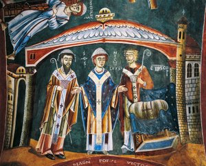 São Nicolau Consagrado bispo de Myra, Detalhe das Histórias de São Nicolau, Afresco românico, estilo bizantino, finais do século XI, Capela de São Eldrado e São Nicolau, Abadia de Novalesa, Piemonte, Itália. de Byzantine