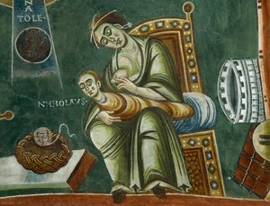 São Nicolau recusando o leite de sua mãe, De Histórias da vida de São Nicolau, detalhe de afrescos românicos em estilo bizantino, finais do século XI, Capela de São Eldrado e São Nicolau, Abadia de Novalesa, Piemonte, Itália.