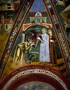 São Nicola, histórias de vida de São Eldrad e São Nicolau, São Eldrado voltado para São Tiago de Compostela: recebendo um hábito monástico do Abade da Novalesa, detalhe de Byzantine