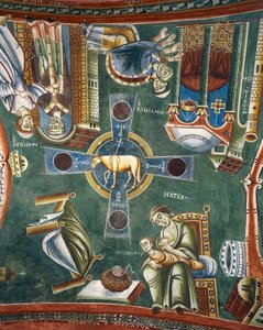 Histórias da vida de São Nicolau, Detalhe dos afrescos românicos em estilo bizantino, finais do século XI, Capela de São Eldrado e São Nicolau, Abadia de Novalesa, Piemonte, Itália de Byzantine