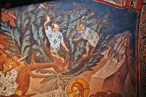 A Entrada de Cristo em Jerusalém. Detalhe: Crianças a cortar ramos de palmeira - Peinture de Damiane (século XIV activo) - Século XIV - Fresco - Mosteiro de São Jorge, Ubisi ©FineArtImages/Leemage de Byzantine