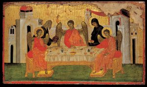A hospitalidade da Trindade do Antigo Testamento de Abraão, ca 1380 de Byzantine