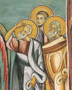Três pessoas em uma igreja, Panagia também Araka, Bizantine, Montanhas Troodos, Chipre de Byzantine
