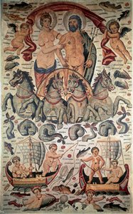 Arte Bizantina: Triunfo de Netuno e Anfitrito. Neptuno e Anfitrito nus num tanque disparado por quatro cavalos marinhos. Mosaico do século III. Dim: 3,1x1,96m. Museu do Louvre, Paris.