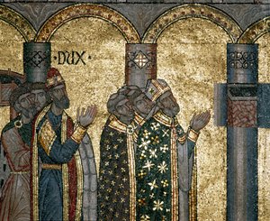 Arquitectura bizantina: descubra a urna de São Marcos. Pormenor do mosaico sobre fundo dourado. Basílica de San Marco (Basílica de San Marco), Veneza de Byzantine Byzantine