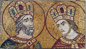 O Imperador Romano Constantino I, com Santa Helena, sua mãe (detalhe em mosaico)