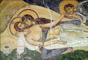 Arte Bizantina: "Lamentação sobre a Morte de Cristo", o fresco do pintor do século XII. Detalhe. Nerezi, San Pantaleimone, Macedoine de Byzantine School