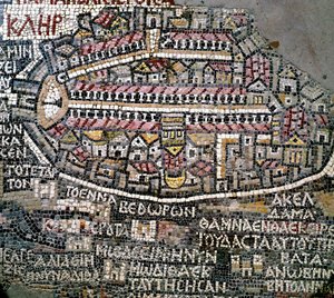 Arte bizantina: o mais antigo mapa da Palestina. Pormenor representando Jerusalém. Mosaico do século VI. Madaba, Igreja de São Jorge de Byzantine School