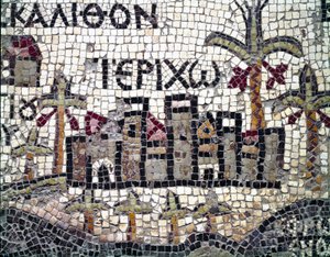 Arte bizantina: o mapa mais antigo da Palestina. Detalhe representando a cidade de Jericó (com o nome em grego). Mosaico do século VI. Madaba, Igreja de São Jorge. de Byzantine School