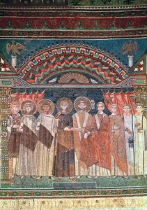 Constantino IV (654-85), concedendo aos Bispos Reparatus privilégios para a igreja de Ravenna, 671-77 (mosaico) de Byzantine School