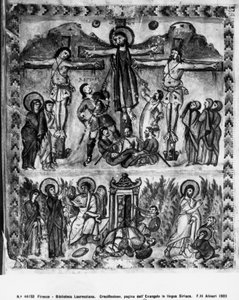 Crucificação e a ressurreição, dos Evangelhos de Rábula, 586 dC de Byzantine School