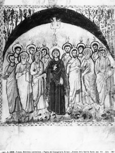 Descida do Espírito Santo, fólio dos Evangelhos de Rabula, 586 d.C. (tempera on vellum) de Byzantine School