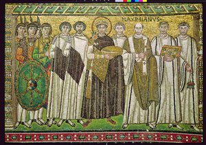 Imperador Justiniano I e seu séquito de funcionários, guardas e clero, c.547 AD (mosaico)
