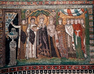 A imperatriz Teodora com a sua corte de dois ministros e sete mulheres, c.547 d.C. (mosaico) de Byzantine School