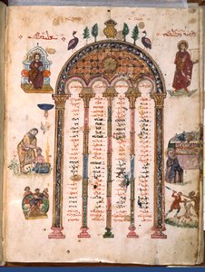 F.4v, tabelas canônicas, dos Evangelhos de Rabula, 586 DC (tempera em pergaminho) de Byzantine School