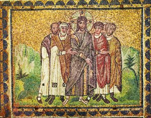 Jesus e os apóstolos, século VI (mosaico) de Byzantine School
