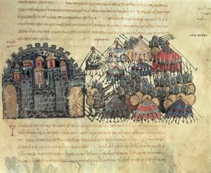 MMS Vitr. 26-7 Bizantinos sitiando Messina, do Madrid Skylitzes (velino) de Byzantine School