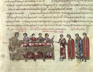 MMS Vitr. 26-7 Predições sobre o imperador Miguel II (820-829) do capítulo III do Skylitzes de Madrid (vellum) de Byzantine School