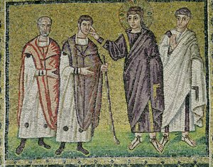 A Cura de Dois Homens Cegos de Jericó, Cenas da Vida de Cristo (mosaico) de Byzantine School