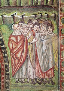 O povo hebreu, detalhe da hospitalidade de Abraão e o sacrifício de Isaac, século 6 (mosaico) de Byzantine School