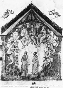 Os apóstolos reunidos para a substituição de Judas por Mattias, fólio dos Evangelhos de Rabula, 586 d.C. (tempera on vellum) de Byzantine School