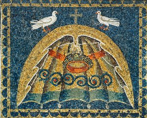 Umbraculum, parte da regalia papal, em forma de concha com pombas em sinal de paz, século VI (mosaico) de Byzantine School