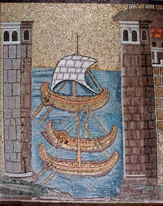 Vista dos barcos no porto de Classe (Detalhe dos mosaicos, século VI) de Byzantine School