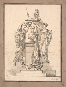 Um busto (Fr. VI?) é coroado por três mulheres com brasões de C.A. Lorentzen