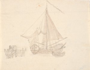 Um navio com velas e galhardete e um bote. televisão duas carruagens de cavalos de C.A. Lorentzen
