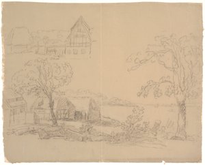Paisagem com fazenda por um lago. F.o.t.v. uma fazenda de C.A. Lorentzen