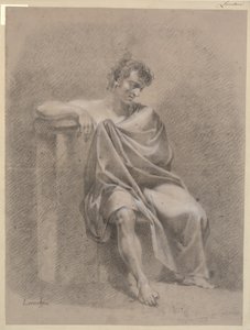 Modelo sentado em drapeado. Sentado em pedestal baixo e braço direito apoiado em pedestal alto de C.A. Lorentzen