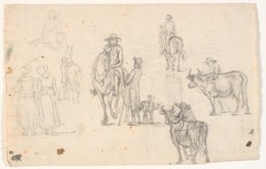 Esboços com fazendeiros, cavalos e vacas de C.A. Lorentzen