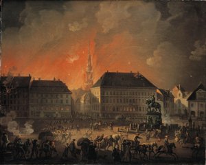 A Noite Mais Terrível. Vista de Kongens Nytorv em Copenhague durante o bombardeio inglês de Copenhague à noite entre 4 e 5 de setembro de 1807