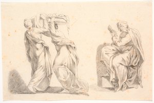 Duas mulheres em vestes clássicas carregando uma cesta e uma sibila depois de Michelangelo de C.A. Lorentzen