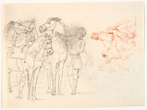 Dois esboços. televisão um esboço a lápis de cavalos e dois homens. º. um esboço de giz vermelho com um grupo de figuras