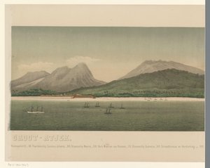 Vista da costa da Grande Aceh, com a frota da primeira expedição de Aceh ao largo da costa, parte três The Greater Aceh Road (título no objeto) de C.A. Whitten