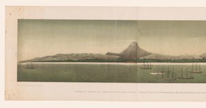 Vista da costa da Grande Aceh, com a frota da Primeira Expedição Aceh, composta por quatro partes, ao largo da costa The Greater Aceh Road (título no objeto) de C.A. Whitten