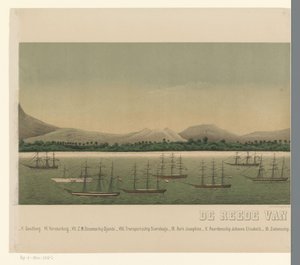 Vista da costa da Grande Aceh, com a frota da primeira expedição de Aceh ao largo da costa, parte dois The Greater Aceh Road (título no objeto) de C.A. Whitten
