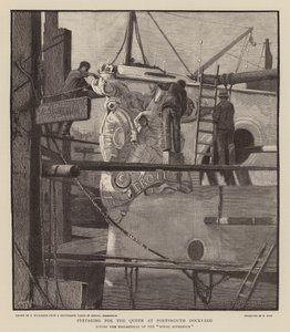 Preparação para a Rainha Vitória no estaleiro de Portsmouth (gravura) de C.A. Wilkinson