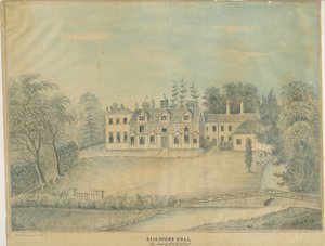 Seighford Hall: desenho colorido, nd [meados do século XIX] de C.B Ash