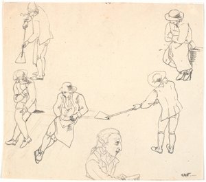 Esboço com seis figuras masculinas, duas com pás, três sentadas e um perfil masculino de C.D. Fritzsch
