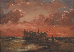 Um naufrágio na costa oeste da Jutlândia ao pôr do sol de C.F. Sørensen