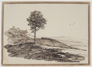 Paisagem montanhosa com árvores, ao fundo casas de C.F. von Rumohr