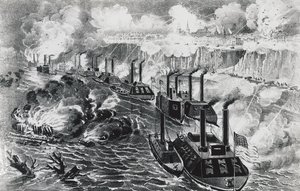 Frota do Almirante David Dixon Porter com bloqueio rebelde no Mississippi, em Vicksburg, 16 de abril de J.B. and Brown J. Rowbotham