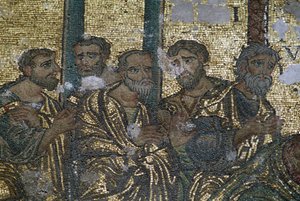 Representação dos apóstolos, detalhe do mosaico Dúvida de São Tomás, Igreja da Natividade (Lista do Patrimônio Mundial da Unesco, 2012), Belém, Palestina de J.B. and Brown J. Rowbotham