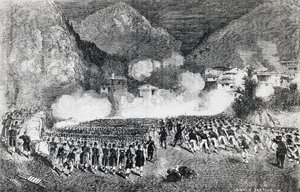 Divisão do General Giacomo Medici atacando Levico Terme, Trentino-Alto Adige, julho de 1866, Terceira Guerra da Independência, gravura, Itália de J.B. and Brown J. Rowbotham