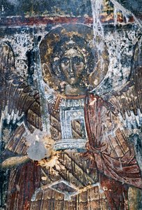 Cavalo, afresco danificado no teto da igreja de Agios Vasileios, Vavouledo, Creta, Grécia (foto) de J.B. and Brown J. Rowbotham