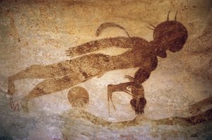 Figura humana em estilo de homens com cabeças redondas, pintura rupestre, Tassili n