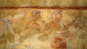 Músicos, fresco, detalhe, Túmulo dos Demónios Azuis, Necrópole de Tarquinia (UNESCO World Heritage List, 2004), Lazio, Itália. Civilização etrusca, século V a.C. (foto) de J.B. and Brown J. Rowbotham